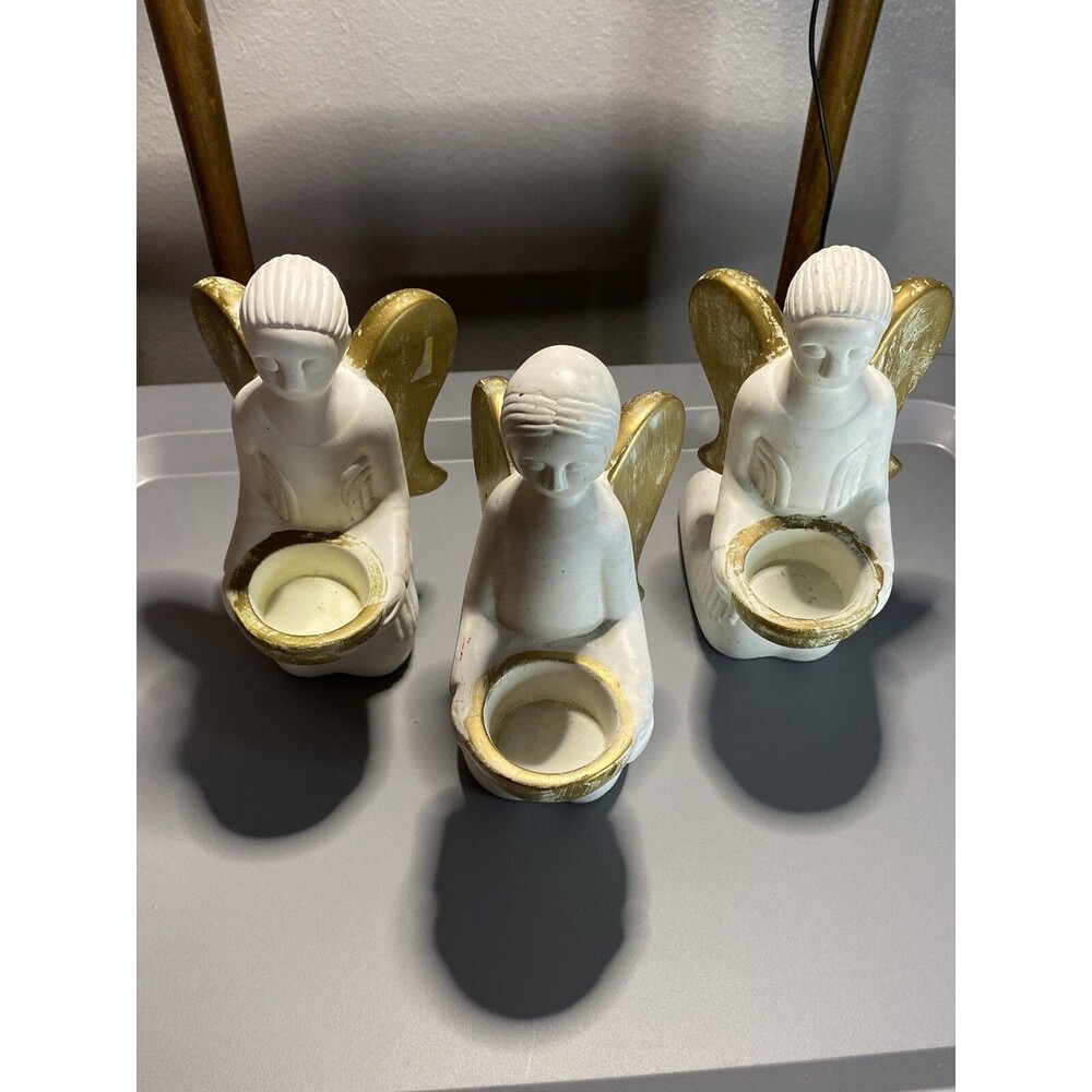 Angels Kneeling Tealight Holders White & Gold Chalk ware ( Lot Of 3 ) Decor